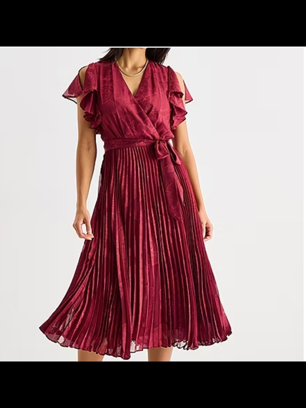 Cold-Shoulder Pleated Wrap Midi Dress in Wine